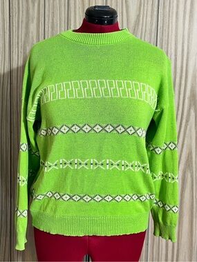 Vintage Fleur de Peau Lime Green Fair Isle Geometric Knit Crewneck Sweater